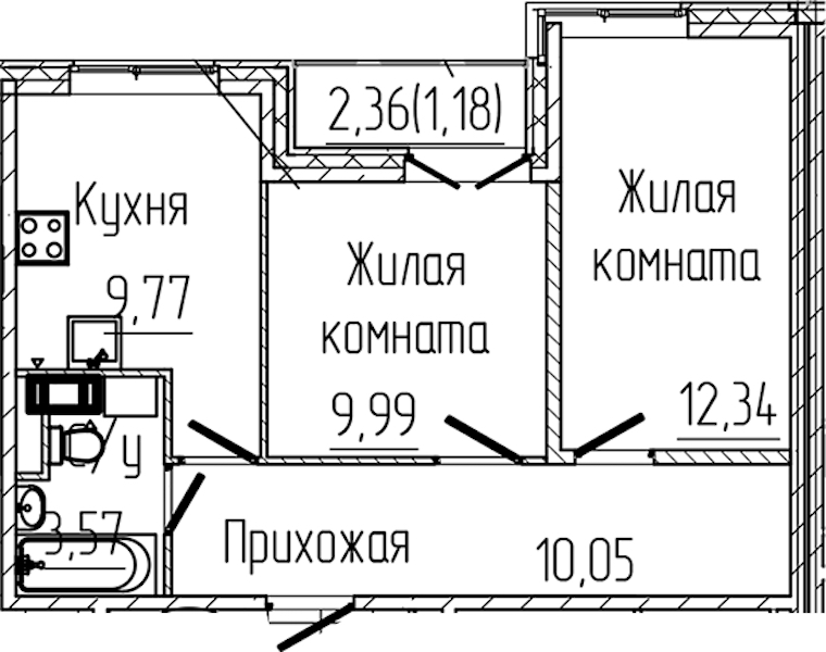 2-комнатная квартира 46.9 м², 7/8 эт., ЖК «SERTOLOVO PARK»